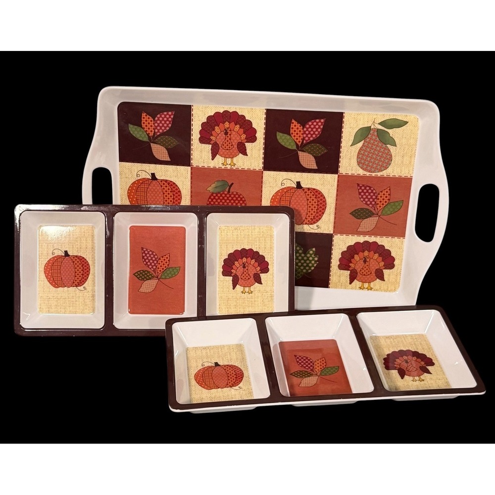 Melamine Harvest Thanksgiving Pumpkin Turkey Large Tray & Snack Platters Set 3pc